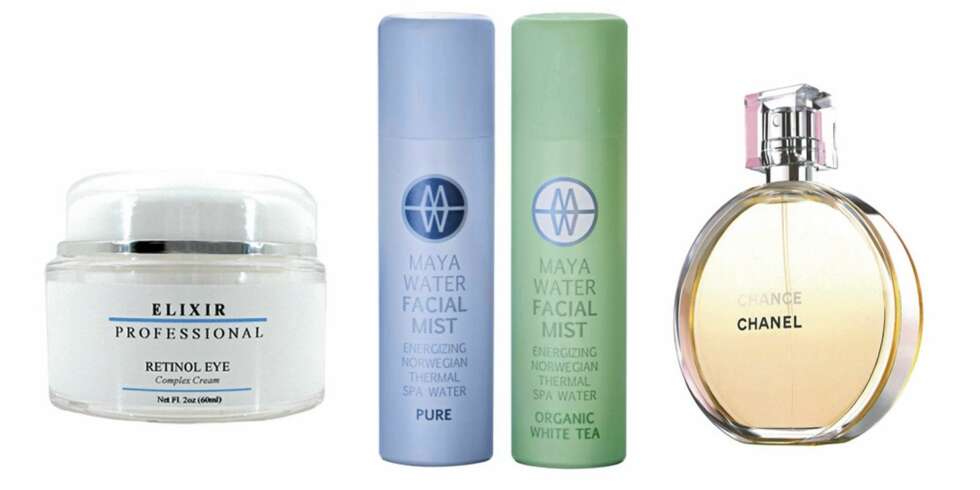 FRA VENSTRE: Elixir Cosmeceuticals Retinol eye cream (kr 890), Maya Water Facial Mist i variantene Pure (kr 179), og Organic White Tea (kr 198), Chanel Chance (50 ml edt kr 615). FRA VENSTRE: Elixir Cosmeceuticals Retinol eye cream (kr 890), Maya Water Facial Mist i variantene Pure (kr 179), og Organic White Tea (kr 198), Chanel Chance (50 ml edt kr 615).