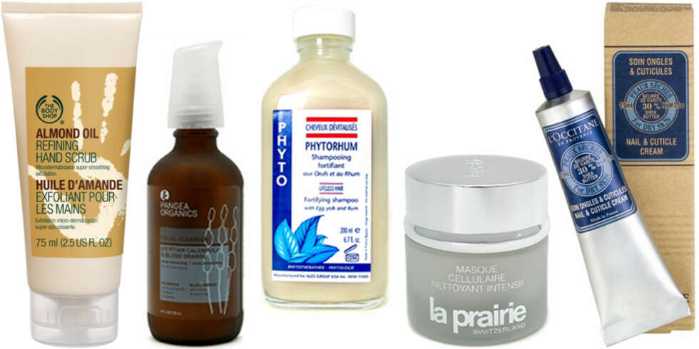 FRA VENSTRE: The Body Shop Almond Oil Refining Hand Scrub (kr 129), Pangea Organics Facial Cleanser (kr 164), Phyto Fortifying Shampoo for Lifeless Hair (kr 139), La Prairie Cellular Deep Cleansing Mask (kr 935), L'Occitane Nail & Cuticle Cream (kr 106). FRA VENSTRE: The Body Shop Almond Oil Refining Hand Scrub (kr 129), Pangea Organics Facial Cleanser (kr 164), Phyto Fortifying Shampoo for Lifeless Hair (kr 139), La Prairie Cellular Deep Cleansing Mask (kr 935), L'Occitane Nail & Cuticle Cream (kr 106).