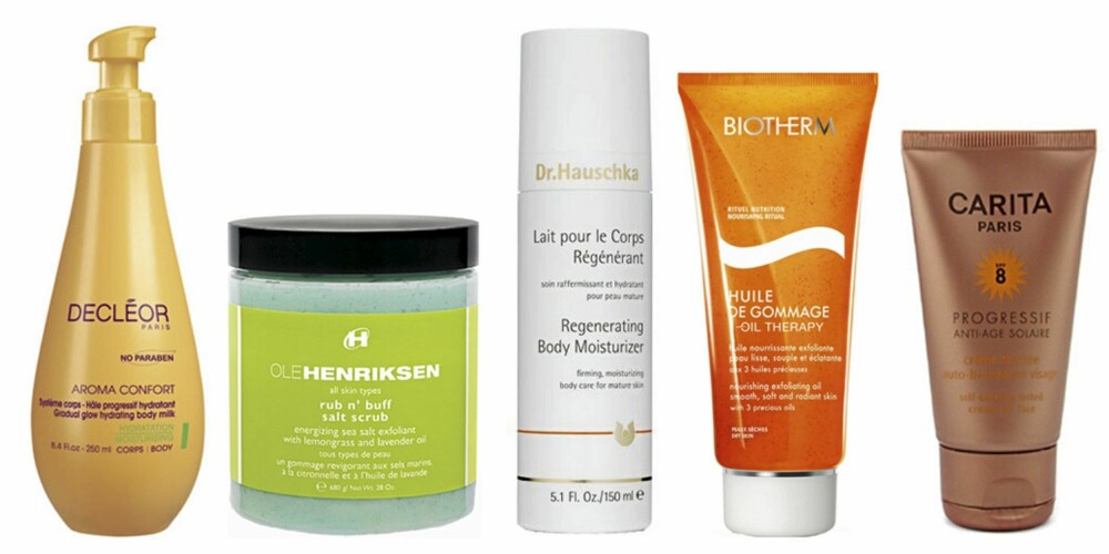 FRA VENSTRE: Decléor Gradual Glow Hydrating Body Milk (kr 429), Ole Henriksen Rub n'Buff Salt Scrub (kr 710), Dr. Hausckas Re-generating Body Lotion (kr 349), Biotherm Huile de Gommage Oil Theraphy (kr 235) og Carita Self Tanning Tinted Cream (kr 680). FRA VENSTRE: Decléor Gradual Glow Hydrating Body Milk (kr 429), Ole Henriksen Rub n'Buff Salt Scrub (kr 710), Dr. Hausckas Re-generating Body Lotion (kr 349), Biotherm Huile de Gommage Oil Theraphy (kr 235) og Carita Self Tanning Tinted Cream (kr 680).