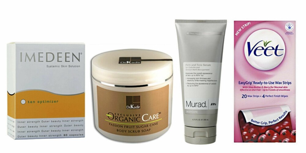 FRA VENSTRE: Imedeen Tan Optimizer (kr 430), Dr. Kadir Passion Fruit Body Butter (kr 425), Murad Firm og Tone Serum ( kr 775) og Veet Easy Grip Wax Strips (kr 108). FRA VENSTRE: Imedeen Tan Optimizer (kr 430), Dr. Kadir Passion Fruit Body Butter (kr 425), Murad Firm og Tone Serum ( kr 775) og Veet Easy Grip Wax Strips (kr 108).