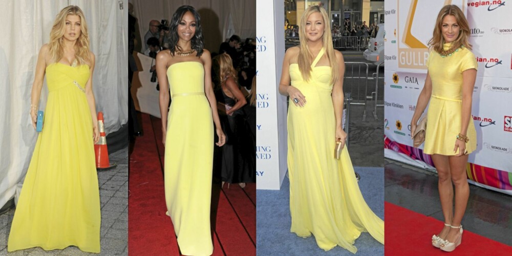 GÅR FOR GULT: Fergie, Zoe Saldana, Kate Hudson og Jenny Skavlan i gule kjoler. GÅR FOR GULT: Fergie, Zoe Saldana, Kate Hudson og Jenny Skavlan i gule kjoler.