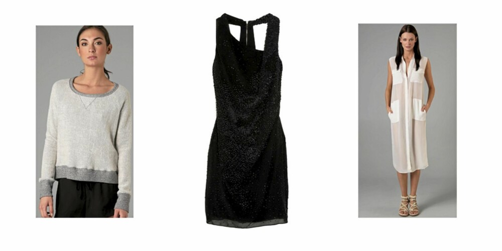 Bomullsgenser fra A.L.C, den lille sorte fra Helmut Lang og skjortekjole fra t by Alexander Wang. Alt på salg. Bomullsgenser fra A.L.C, den lille sorte fra Helmut Lang og skjortekjole fra t by Alexander Wang. Alt på salg.
