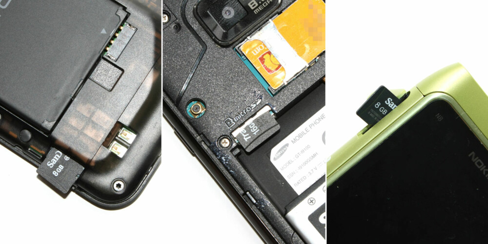 TRE PLASSERINGER: Minnekortet finner du enten under bakdekselet (til venstre), bak batteriet eller i en luke på siden av telefonen. TRE PLASSERINGER: Minnekortet finner du enten under bakdekselet (til venstre), bak batteriet eller i en luke på siden av telefonen.