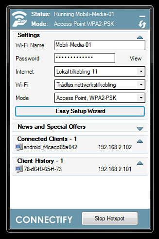 PC SOM RUTER: Connectify lar deg bruke PC-ens trådløse nettverkskort som trådløst tilgangspunkt for andre enheter. Smart hvis du har USB-modem for trådløst bredbånd. PC SOM RUTER: Connectify lar deg bruke PC-ens trådløse nettverkskort som trådløst tilgangspunkt for andre enheter. Smart hvis du har USB-modem for trådløst bredbånd.