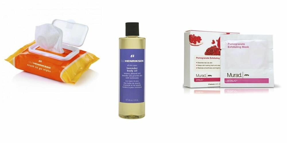 PRODUKTER: Ole Henriksen Truth To Go Wipes (renseservietter) og Lavender oil (kroppsolje) fra Ole Henriksen, samt Murad Pomegranete Exfoliating Mask (ansiktsmaske). PRODUKTER: Ole Henriksen Truth To Go Wipes (renseservietter) og Lavender oil (kroppsolje) fra Ole Henriksen, samt Murad Pomegranete Exfoliating Mask (ansiktsmaske).