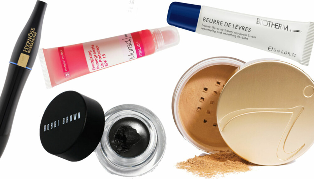 SITTER SOM STØPT: Vannfast maskara Hypnõse fra Lancôme, kr 265, leppepomaden Energizing Pomegranate Lip Protector SPF 15 fra Murad, kr 198, Bobbi Brown Long Wear Gel Eye Liner, kr 200, Bioterm Beurre de levres, kr 95 og mineralfoundation kalt Amazing Base fra Jane Iredale til kr 490. SITTER SOM STØPT: Vannfast maskara Hypnõse fra Lancôme, kr 265, leppepomaden Energizing Pomegranate Lip Protector SPF 15 fra Murad, kr 198, Bobbi Brown Long Wear Gel Eye Liner, kr 200, Bioterm Beurre de levres, kr 95 og mineralfoundation kalt Amazing Base fra Jane Iredale til kr 490.