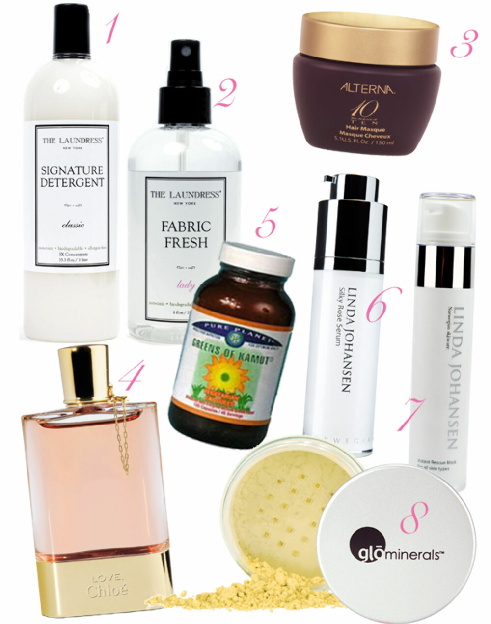 NUMMERERT: 1. Signature detergent Vaskemiddel (kr 269), 2. Fabric Fresh tekstilspray (kr 199), 3. Alterne Ten Hair Masque (kr 695), 4. Parfymen Love fra Chloè (kr 625), 5. Kamut hvetegresspulver fra Pure Planet (kr 509), 6. Silky Rose Serum fra Linda Johansen (kr 699), 7. Instant Rescue Mask fra Linea Johansen (kr 659), 8. Redness Relief Poder fra GloMinerals (kr 440). NUMMERERT: 1. Signature detergent Vaskemiddel (kr 269), 2. Fabric Fresh tekstilspray (kr 199), 3. Alterne Ten Hair Masque (kr 695), 4. Parfymen Love fra Chloè (kr 625), 5. Kamut hvetegresspulver fra Pure Planet (kr 509), 6. Silky Rose Serum fra Linda Johansen (kr 699), 7. Instant Rescue Mask fra Linea Johansen (kr 659), 8. Redness Relief Poder fra GloMinerals (kr 440).