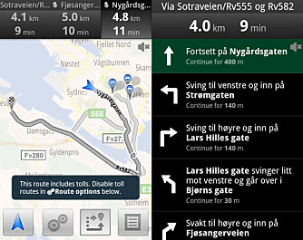 ALTERNATIVER: Google Maps Navigation kan vise deg flere rutealternativer, og det er lett å velge mellom disse. Du kan få opp hele ruten beskrevet med ikoner og veinavn. ALTERNATIVER: Google Maps Navigation kan vise deg flere rutealternativer, og det er lett å velge mellom disse. Du kan få opp hele ruten beskrevet med ikoner og veinavn.