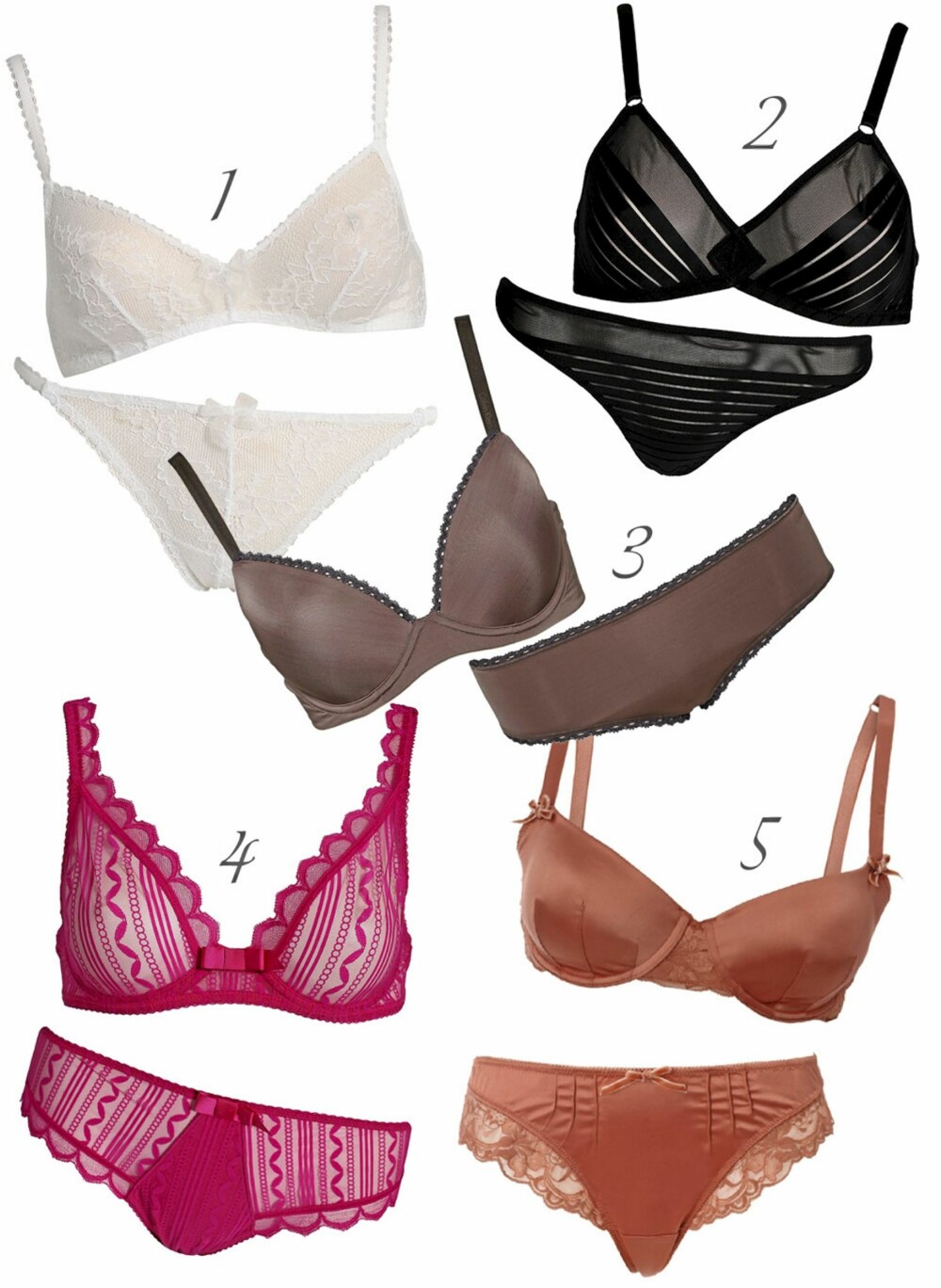 ETTER NUMMER: 1. Vero Moda (kr 208), 2. Crofta (kr 269),3. Princesse Tam Tam (kr 1028), 4.Gina Tricot (kr 158), Calvin Klein (kr 698). ETTER NUMMER: 1. Vero Moda (kr 208), 2. Crofta (kr 269),3. Princesse Tam Tam (kr 1028), 4.Gina Tricot (kr 158), Calvin Klein (kr 698).