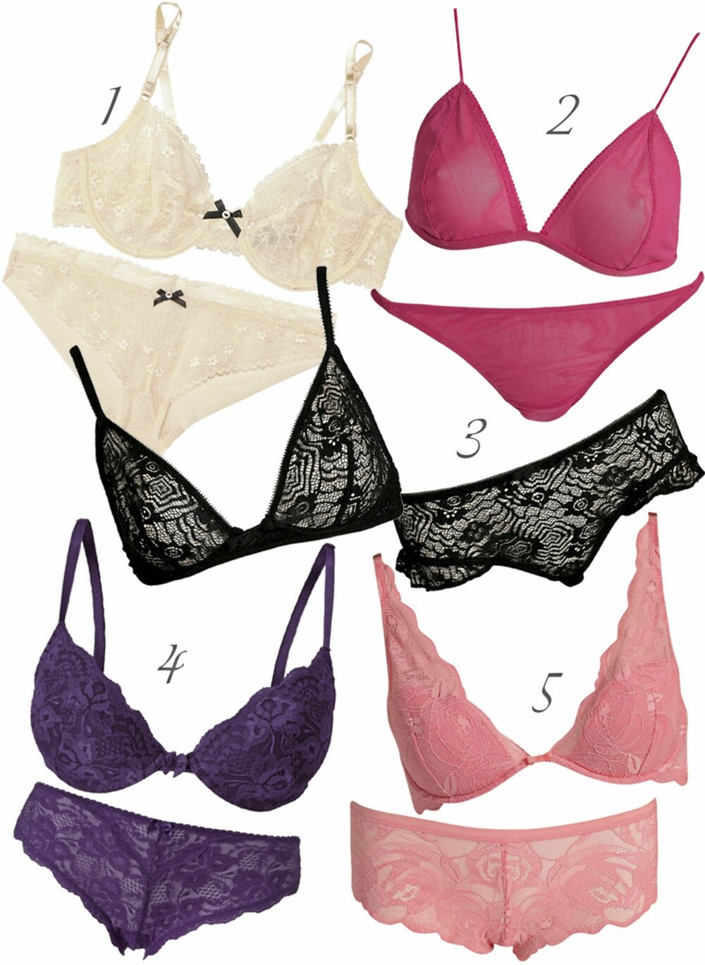 ETTER NUMMER: 1. Elle MacPherson Intimates (kr 619), 2. Huit (kr 708), 3. Calvin Klein (kr 678), 4. Huit (kr 888), 5. Gina Tricot (kr 198). ETTER NUMMER: 1. Elle MacPherson Intimates (kr 619), 2. Huit (kr 708), 3. Calvin Klein (kr 678), 4. Huit (kr 888), 5. Gina Tricot (kr 198).