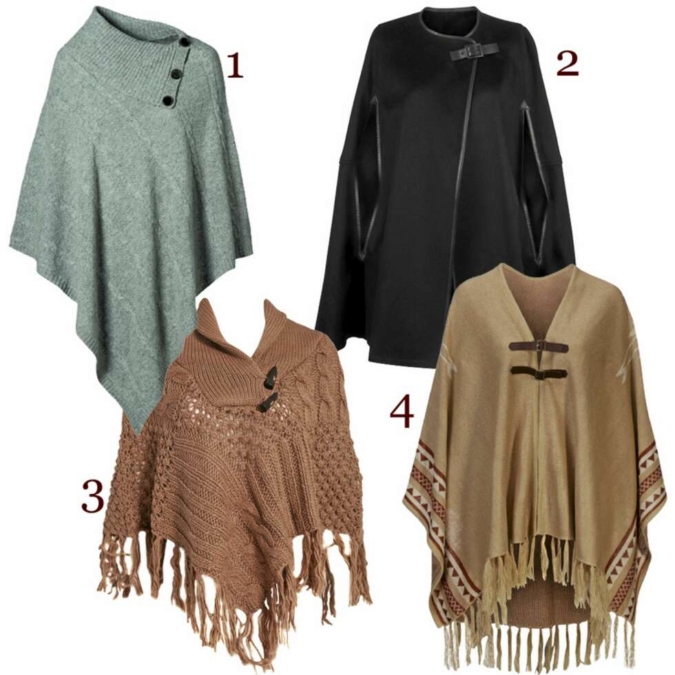 PONCHO - ETTER NUMMER: 1. MeXX (kr 899), 2. Day Birger Et Mikkelsen (kr 3099), 3. Vila (kr 499), 4. Gina Tricot (kr 399). PONCHO - ETTER NUMMER: 1. MeXX (kr 899), 2. Day Birger Et Mikkelsen (kr 3099), 3. Vila (kr 499), 4. Gina Tricot (kr 399).