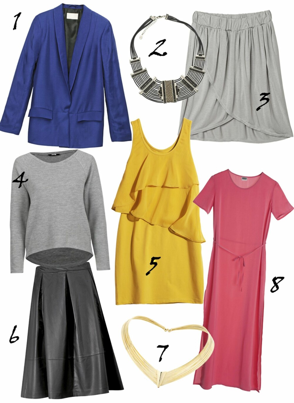 MOTE PÅ BUDSJETT: Etter nummer: 1. Blazer fra H&M (kr 499), 2. Smykke fra Accessorize (kr 300), 3. Skjørt fra Monki (kr 399), 4. Genser fra BikBok (kr 249), 5. Gul topp fra H&M (kr 149), 5. Skjørt fra Gina Tricot (kr 599), 6. Smykke fra Aldo (kr 259), 7. Kjole fra Weekday (kr 599). MOTE PÅ BUDSJETT: Etter nummer: 1. Blazer fra H&M (kr 499), 2. Smykke fra Accessorize (kr 300), 3. Skjørt fra Monki (kr 399), 4. Genser fra BikBok (kr 249), 5. Gul topp fra H&M (kr 149), 5. Skjørt fra Gina Tricot (kr 599), 6. Smykke fra Aldo (kr 259), 7. Kjole fra Weekday (kr 599).