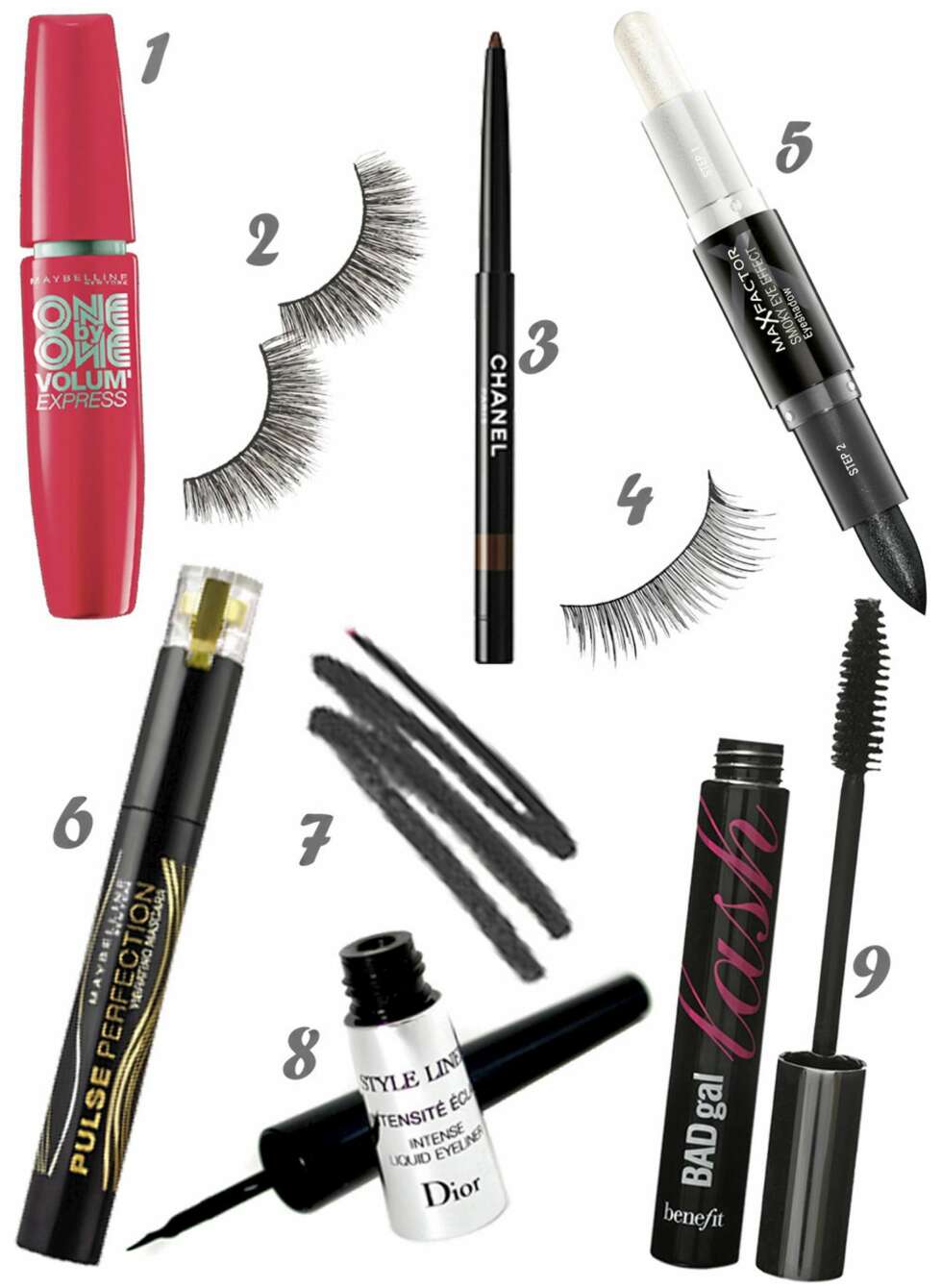 ETTER NUMMER: 1. Maybelline One by one volume express (kr 179), 2. Eylure Double lashes (kr 63), 3. Chanel Longlasting eyeliner (kr 210), 4. Make Up Store eyelashes small (kr 165), 5. Max factor Smoky eye effect eyeshadow (kr 115), 6. Maybelline Pulse perfection (kr 179), 7. Bobbi brown creamy eye pencil (kr 185), 8. Dior Style liner (kr 280), 9. Benefit Bad gal lash mascara (kr 145). ETTER NUMMER: 1. Maybelline One by one volume express (kr 179), 2. Eylure Double lashes (kr 63), 3. Chanel Longlasting eyeliner (kr 210), 4. Make Up Store eyelashes small (kr 165), 5. Max factor Smoky eye effect eyeshadow (kr 115), 6. Maybelline Pulse perfection (kr 179), 7. Bobbi brown creamy eye pencil (kr 185), 8. Dior Style liner (kr 280), 9. Benefit Bad gal lash mascara (kr 145).
