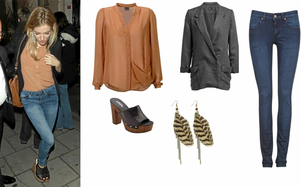 ENKEL OG KUL: Bluse fra Gina Tricot (kr 249), sort blazer fra Lindex (kr 499), skinny jeans fra Cubus (kr 199) tresko fra Bianco (kr 700) og øreåpynt fra Indiska (kr 49). ENKEL OG KUL: Bluse fra Gina Tricot (kr 249), sort blazer fra Lindex (kr 499), skinny jeans fra Cubus (kr 199) tresko fra Bianco (kr 700) og øreåpynt fra Indiska (kr 49).