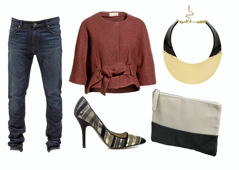 BRUK HERREKLÆR:Fra venstre: Herrejeans fra WeSC, kr 1199. Kort jakke fra H&M, kr 699. Smykke fra H&M, kr 129. Pumps fra Zara, kr 799. Tofarget clutch fra Gina Tricot, kr 99. BRUK HERREKLÆR:Fra venstre: Herrejeans fra WeSC, kr 1199. Kort jakke fra H&M, kr 699. Smykke fra H&M, kr 129. Pumps fra Zara, kr 799. Tofarget clutch fra Gina Tricot, kr 99.
