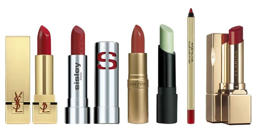 FRA VENSTRE: YSL Rouge Pur Couture (kr 280), Sisley Phyto Lip Shine (kr 265), Jane Iredale Puremoist Lip Colour (kr 245), The Body Shop Lip Scuff (kr 119), Max Factor Colour Elixir Lipliner (kr 105), Clarins Rouge Prodige (kr 220). FRA VENSTRE: YSL Rouge Pur Couture (kr 280), Sisley Phyto Lip Shine (kr 265), Jane Iredale Puremoist Lip Colour (kr 245), The Body Shop Lip Scuff (kr 119), Max Factor Colour Elixir Lipliner (kr 105), Clarins Rouge Prodige (kr 220).