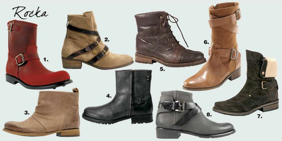 FRA VENSTRE: 1. Rød MC-støvel fra Primeboots, kr 2679,- 2. Enkel skinneleganse fra Apair, kr 2599,- 3. Rustikk fra Mango, kr 899,- 4. Røft skinn fra Mexx, kr 1399,- 5. Skinnstøvler fra Ellos, kr 1299,- 6. Jordnært fra Pieces, kr 900,- 7. Gyllent fra DNA, kr 1199,- 8. Grått skinn med rocka spenne fra Apair, kr 2799,- FRA VENSTRE: 1. Rød MC-støvel fra Primeboots, kr 2679,- 2. Enkel skinneleganse fra Apair, kr 2599,- 3. Rustikk fra Mango, kr 899,- 4. Røft skinn fra Mexx, kr 1399,- 5. Skinnstøvler fra Ellos, kr 1299,- 6. Jordnært fra Pieces, kr 900,- 7. Gyllent fra DNA, kr 1199,- 8. Grått skinn med rocka spenne fra Apair, kr 2799,-