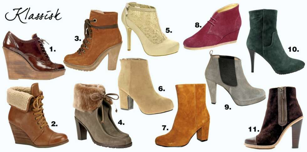 FRA VENSTRE: 1. Oppdatert klassiker fra Zara, kr 959,- 2. Fôret sko med kilehæl fra Dna, kr 999,- 3. Skinn og snøring fra Ganni, kr 1699,- 4. Pels fra Filippa K, kr 2900,- 5. Blonder fra Asos, kr 450,- 6. Minimalistisk fra Pieces, kr 500,- 7. Semsket skinn fra Vagabond, kr 1099,- 8. Semsket, lilla skinn fra Clarks, kr 1599,- 9. Gråtoner fra Ganni, kr 1699,- 10. Semsket, grønt skinn fra Apair, kr 2799,- 11. Elegant fra Mango, kr 999,- FRA VENSTRE: 1. Oppdatert klassiker fra Zara, kr 959,- 2. Fôret sko med kilehæl fra Dna, kr 999,- 3. Skinn og snøring fra Ganni, kr 1699,- 4. Pels fra Filippa K, kr 2900,- 5. Blonder fra Asos, kr 450,- 6. Minimalistisk fra Pieces, kr 500,- 7. Semsket skinn fra Vagabond, kr 1099,- 8. Semsket, lilla skinn fra Clarks, kr 1599,- 9. Gråtoner fra Ganni, kr 1699,- 10. Semsket, grønt skinn fra Apair, kr 2799,- 11. Elegant fra Mango, kr 999,-