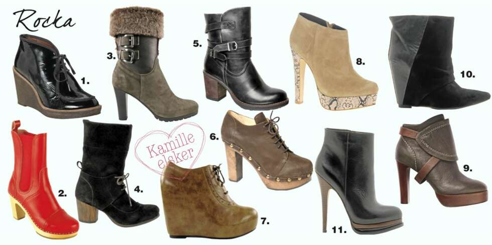 FRA VENSTRE: 1. Kilehæl i lakk fra Filippa K, kr 2200,- 2. Brennhett skinn fra Swedish Hasbeens, kr 2999,- 3. Edgy pels fra Apair, kr 3399,- 4. Semsket original fra Bianco, kr 1100,- 5. Boots fra Vagabond, kr 1299,- 6. Rocka klassiker fra Dico, kr 1999,- 7. Solid fra Nelly, kr 349,- 8. Dyriske detaljer fra Asos, kr 750,- 9. Skinnreimer fra Tiger, kr 2699,- 10. Rocka fra Aldo, kr 1199,- 11. Sexy fra Aldo, kr 1299,- FRA VENSTRE: 1. Kilehæl i lakk fra Filippa K, kr 2200,- 2. Brennhett skinn fra Swedish Hasbeens, kr 2999,- 3. Edgy pels fra Apair, kr 3399,- 4. Semsket original fra Bianco, kr 1100,- 5. Boots fra Vagabond, kr 1299,- 6. Rocka klassiker fra Dico, kr 1999,- 7. Solid fra Nelly, kr 349,- 8. Dyriske detaljer fra Asos, kr 750,- 9. Skinnreimer fra Tiger, kr 2699,- 10. Rocka fra Aldo, kr 1199,- 11. Sexy fra Aldo, kr 1299,-
