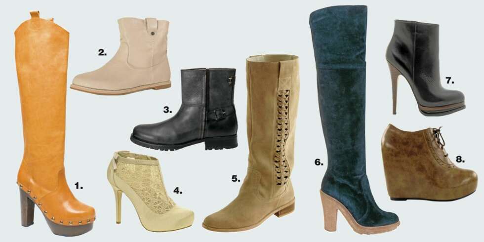 STOR STØVLETTGUIDE: Fra venstre: 1. Høye hæler og nagler fra Dico, kr 2499,- 2. Beige enkelhet fra Nelly, kr 399,- 3. Røft skinn fra Mexx, kr 1399,- 4. Blonder fra Asos, kr 450,- 5. Støvlett med flettet skinn fra Ellos, kr 1299,- 6. Blått fra Ganni, kr 2249,- 7. Sexy fra Aldo, kr 1299,- 8. Solid fra Nelly, kr 349,- STOR STØVLETTGUIDE: Fra venstre: 1. Høye hæler og nagler fra Dico, kr 2499,- 2. Beige enkelhet fra Nelly, kr 399,- 3. Røft skinn fra Mexx, kr 1399,- 4. Blonder fra Asos, kr 450,- 5. Støvlett med flettet skinn fra Ellos, kr 1299,- 6. Blått fra Ganni, kr 2249,- 7. Sexy fra Aldo, kr 1299,- 8. Solid fra Nelly, kr 349,-