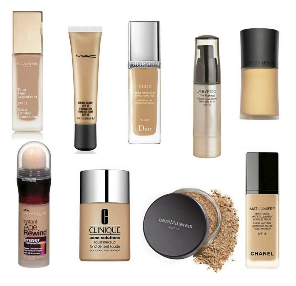 ØVERST FRA VENSTRE Clarins Extra firming foundation for moden hud, Mac Studio sculpt foundation for normal til tørr hud, Dior Diorskin Nude foundation for nomal eller dehydrert hud, Shiseido Lifting foundation for moden hud, Armani Luminous silk foundation for tørr hud, Maybelline Age rewind eraser foundation for moden hud, Clinique Acne soultions for fet hud, bareMinerals matte mineralfoundation for alle hudtyper og Chanel Mat Lumiere for normal til fet hud. Foto: produsentene ØVERST FRA VENSTRE Clarins Extra firming foundation for moden hud, Mac Studio sculpt foundation for normal til tørr hud, Dior Diorskin Nude foundation for nomal eller dehydrert hud, Shiseido Lifting foundation for moden hud, Armani Luminous silk foundation for tørr hud, Maybelline Age rewind eraser foundation for moden hud, Clinique Acne soultions for fet hud, bareMinerals matte mineralfoundation for alle hudtyper og Chanel Mat Lumiere for normal til fet hud. Foto: produsentene