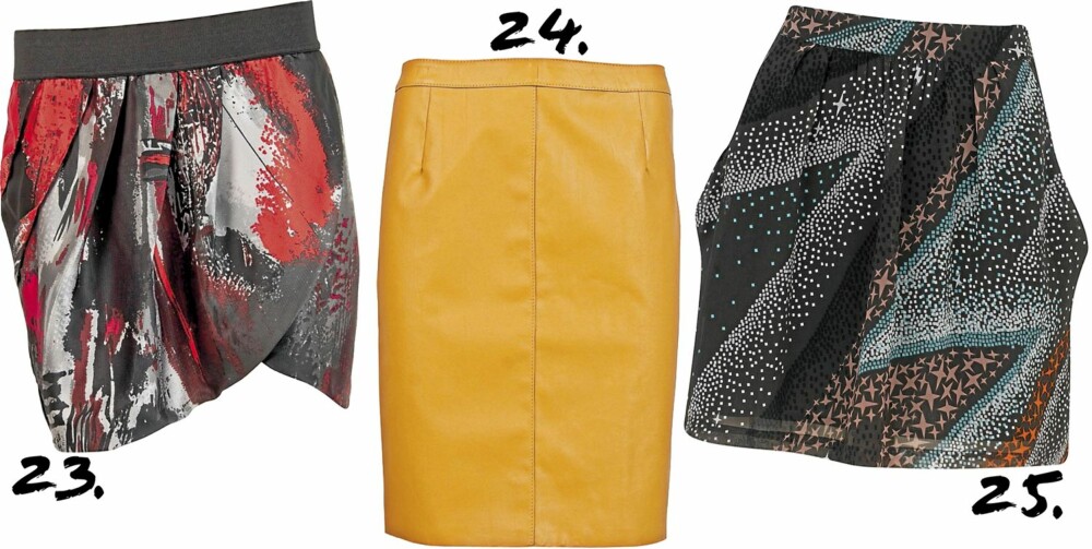 SKJØRT: 23. Med draperinger fra Vero Moda (kr 259) 24. Okergul fra Vero Moda (kr 299) 25. Med stjerner fra Monsoon (kr 380) SKJØRT: 23. Med draperinger fra Vero Moda (kr 259) 24. Okergul fra Vero Moda (kr 299) 25. Med stjerner fra Monsoon (kr 380)