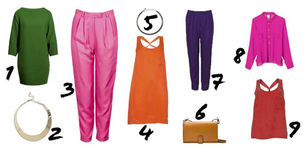 FARGESTERKT: 1. Kjole fra H&M (kr 499) 2. Kjede fra Lindex (kr 129) 3. Bukser fra Bik Bok (kr 299) 4. Kjole fra Vila (kr 399) 5. Kjede fra Lindex (kr 99) 6. Veske fra Zara (kr 399) 7. Bukser fra Bik Bok (kr 299) 8. Bluse fra Monki (kr 300) 9. Topp fra Vila (kr 299) FARGESTERKT: 1. Kjole fra H&M (kr 499) 2. Kjede fra Lindex (kr 129) 3. Bukser fra Bik Bok (kr 299) 4. Kjole fra Vila (kr 399) 5. Kjede fra Lindex (kr 99) 6. Veske fra Zara (kr 399) 7. Bukser fra Bik Bok (kr 299) 8. Bluse fra Monki (kr 300) 9. Topp fra Vila (kr 299)