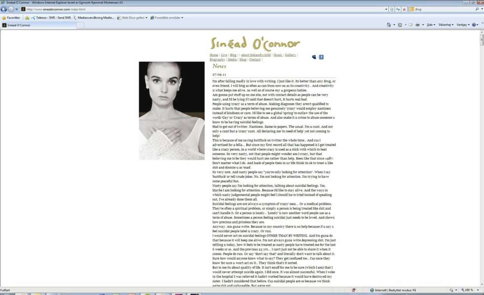 Sinead O'Connor bruker bloggen sin til å jakte på en mannlig sexpartner. Sinead O'Connor bruker bloggen sin til å jakte på en mannlig sexpartner.