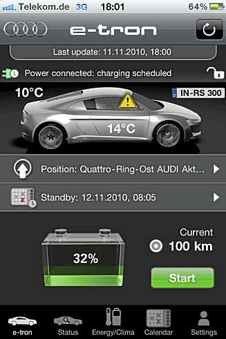 E-TRON-APP: Audi satser stort på apper som kommuniserer med bilenes datasystemer, i forbindelse med sine kommende elbil-modeller. Foto: Skjermbilde Iphone E-TRON-APP: Audi satser stort på apper som kommuniserer med bilenes datasystemer, i forbindelse med sine kommende elbil-modeller. Foto: Skjermbilde Iphone