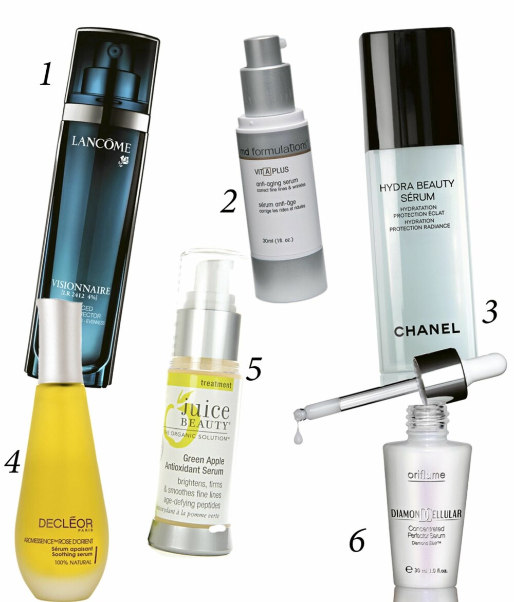 SERUM: 1. Lancôme Visionnaire skal redusere rynker, porer og arr samt jevne ut huden. Kr 845. 2. MD Formulations Vit-A-Plus Intensive Anti-Aging Serum skal brukes lokalt på rynker, arr eller over hele ansiktet som en hufornyende kur. Kr 899. 3. Chanel Hydra Beauty Serum gir deg fuktighet, beskyttelse og glød. Kr 710. Kr . 4. Décleor Aromessence Rose D'Orient roer og forebygger sensitiv hud, hudirritasjoner og rødhet. Virker også mot synlige blodkar. Kr 899. 5. Juice Beauty Green Apple Antioxidant Serum er et økologisk alternativ, som skal glatte ut rynker og fine linjer. Kr 450. 6. Oriflame Diamond Cellular Concentrated Perfector Serum skal gi øyeblikkelig glød og er beriket med ekstra diamantpudder for å gi en jevn og skimrende hud. Kr 699. SERUM: 1. Lancôme Visionnaire skal redusere rynker, porer og arr samt jevne ut huden. Kr 845. 2. MD Formulations Vit-A-Plus Intensive Anti-Aging Serum skal brukes lokalt på rynker, arr eller over hele ansiktet som en hufornyende kur. Kr 899. 3. Chanel Hydra Beauty Serum gir deg fuktighet, beskyttelse og glød. Kr 710. Kr . 4. Décleor Aromessence Rose D'Orient roer og forebygger sensitiv hud, hudirritasjoner og rødhet. Virker også mot synlige blodkar. Kr 899. 5. Juice Beauty Green Apple Antioxidant Serum er et økologisk alternativ, som skal glatte ut rynker og fine linjer. Kr 450. 6. Oriflame Diamond Cellular Concentrated Perfector Serum skal gi øyeblikkelig glød og er beriket med ekstra diamantpudder for å gi en jevn og skimrende hud. Kr 699.