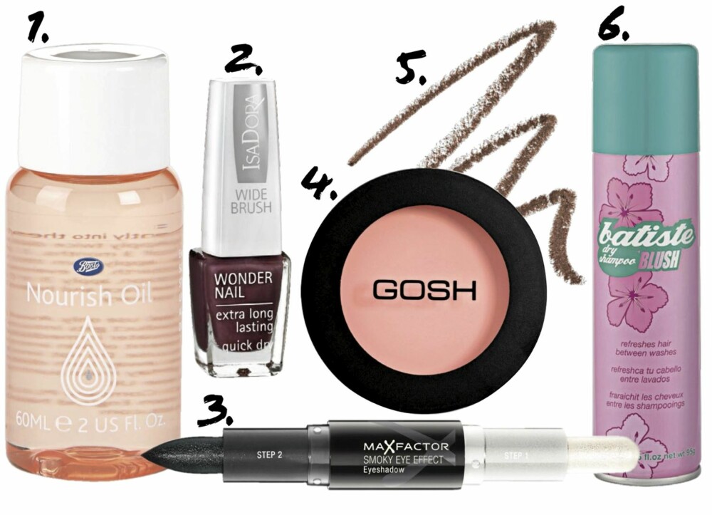 SKJØNNHETSKUPP: 1. Boots Nourish Oil til ansikt og kropp (kr 89) 2. IsaDora Wonder Nail Wide Brush Nail Polish nr. 642 (kr 89) 3. Max Factor Smokey Eye Effect Eyeshadow i fargen Onyx Smoke (kr 99) 4. Gosh Natural Touch Cream Blusher i fargen Fluffy Peach (kr 89) 5. IsaDora Eyebrow Pencil (kr 89) 6. Batiste Dry Shampoo Blush (kr 69) SKJØNNHETSKUPP: 1. Boots Nourish Oil til ansikt og kropp (kr 89) 2. IsaDora Wonder Nail Wide Brush Nail Polish nr. 642 (kr 89) 3. Max Factor Smokey Eye Effect Eyeshadow i fargen Onyx Smoke (kr 99) 4. Gosh Natural Touch Cream Blusher i fargen Fluffy Peach (kr 89) 5. IsaDora Eyebrow Pencil (kr 89) 6. Batiste Dry Shampoo Blush (kr 69)