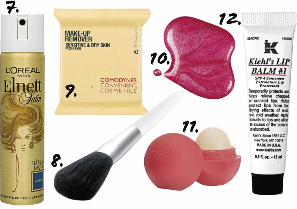 SKJØNNHETSKUPP: 7. L'Oréal Elnett Satin hårlakk 75 ml (kr 49) 8. Depend Makeup Brush Large (kr 79) 9. Comodynes Make-Up Remover wipes for sensitiv og tørr hud (kr 49) 10. MNY Nail Polish (kr 39) 11. EOS Lip Balm Summer Fruit (kr 79) 12. Kiehl's Lip Balm nr. 1 (kr 95) SKJØNNHETSKUPP: 7. L'Oréal Elnett Satin hårlakk 75 ml (kr 49) 8. Depend Makeup Brush Large (kr 79) 9. Comodynes Make-Up Remover wipes for sensitiv og tørr hud (kr 49) 10. MNY Nail Polish (kr 39) 11. EOS Lip Balm Summer Fruit (kr 79) 12. Kiehl's Lip Balm nr. 1 (kr 95)