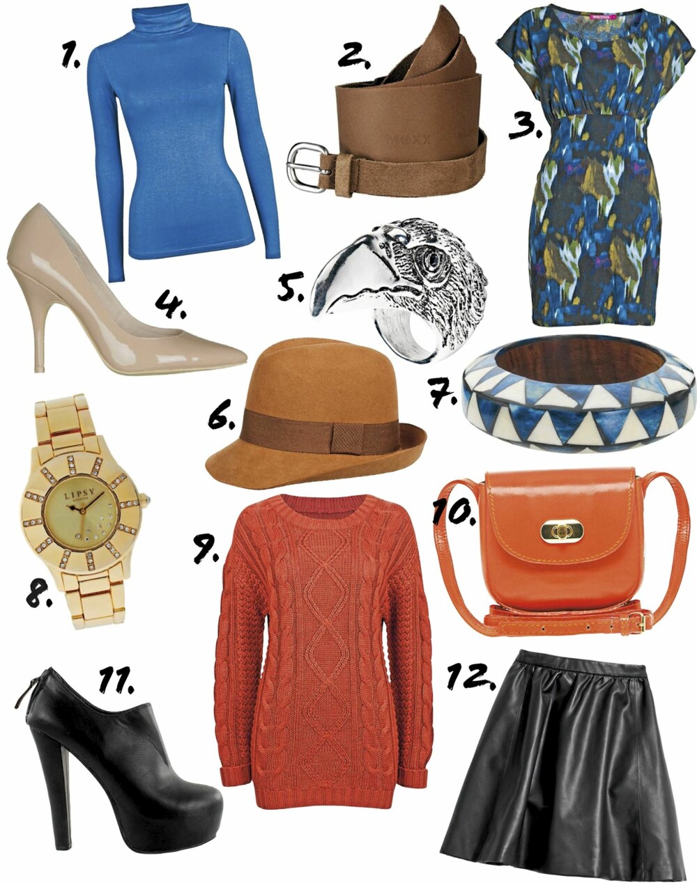 MOTEKUPP: 1. Pologenser fra Cubus (kr 129) 2. Belte fra Mexx (kr 299) 3. Kjole fra Indiska (kr 249) 4. Pumps fra Din Sko (kr 299) 5. Ring fra Glitter (kr 89) 6. Hatt fra Cubus (kr 179) 7. Armbånd fra Accessorize (kr 109) 8. Klokke fra Lipsy/Asos.com (kr 400) 9. Genser fra Cubus (kr 399) 10. Veske fra Asos.com (kr 150) 11. Ankelstøvletter fra Nelly.com (kr 399) 12. Skjørt fra HM (kr 249) MOTEKUPP: 1. Pologenser fra Cubus (kr 129) 2. Belte fra Mexx (kr 299) 3. Kjole fra Indiska (kr 249) 4. Pumps fra Din Sko (kr 299) 5. Ring fra Glitter (kr 89) 6. Hatt fra Cubus (kr 179) 7. Armbånd fra Accessorize (kr 109) 8. Klokke fra Lipsy/Asos.com (kr 400) 9. Genser fra Cubus (kr 399) 10. Veske fra Asos.com (kr 150) 11. Ankelstøvletter fra Nelly.com (kr 399) 12. Skjørt fra HM (kr 249)