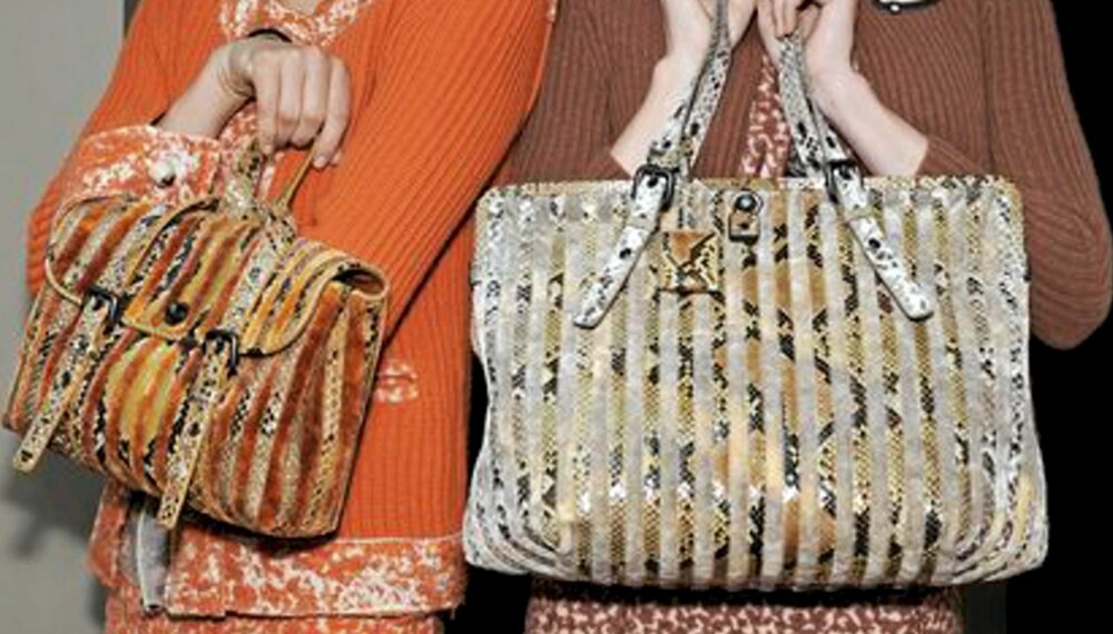 PYTON: Bottega Veneta var en av mange som viste slangeskinn på catwalken. Her i veskeformat. PYTON: Bottega Veneta var en av mange som viste slangeskinn på catwalken. Her i veskeformat.