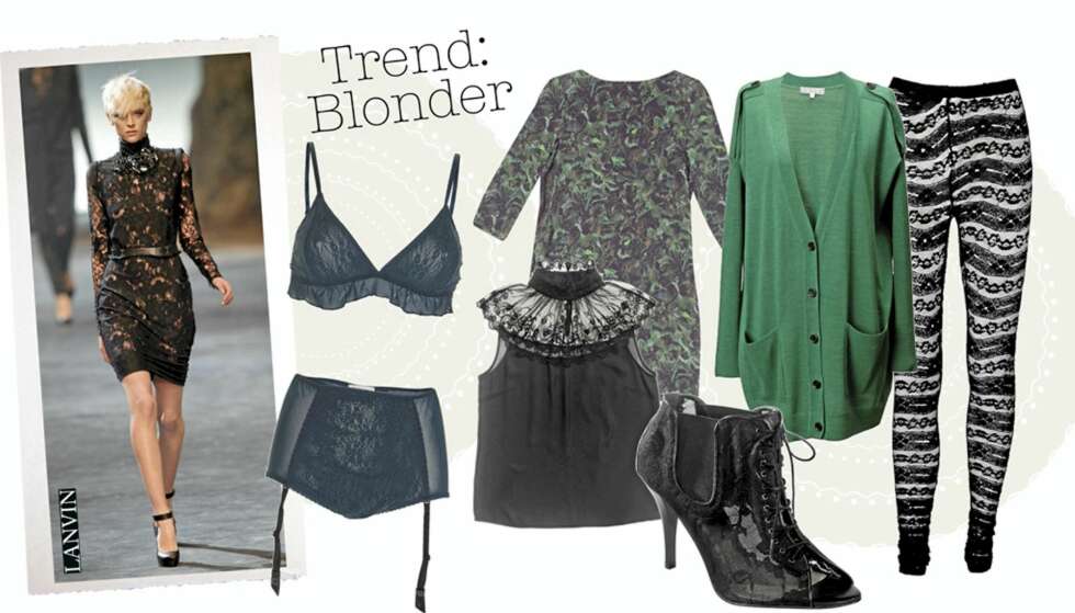 BLONDER: BH og truse med strømpeholder fra Ganni,
kr 359,- og 249,-. Kjole fra Whyred, kr 3000,-. Topp med blondedetaljer fra Sisley, kr 549,-. Cardigan fra Dagmar, kr 1595,-. Skolett fra Ellos, kr 195,-. Blondeleggings fra Gestuz, kr 849,-. BLONDER: BH og truse med strømpeholder fra Ganni,
kr 359,- og 249,-. Kjole fra Whyred, kr 3000,-. Topp med blondedetaljer fra Sisley, kr 549,-. Cardigan fra Dagmar, kr 1595,-. Skolett fra Ellos, kr 195,-. Blondeleggings fra Gestuz, kr 849,-.