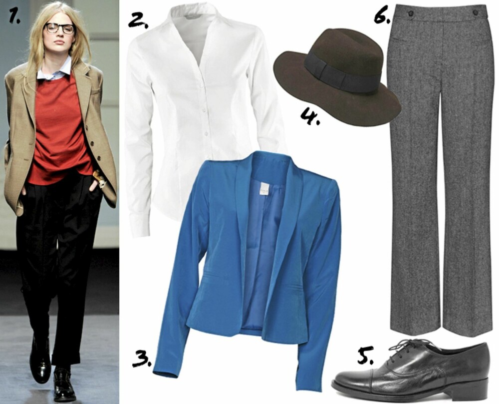 ANDROGYN: 1. På catwalken til Paul Smith 2. hvit skjorte fra HM (kr 149) 3. Blazer fra Vila (kr 500) 4. Hatt fra Lindex (kr 199) 5. Brogues fra Bianco(kr 900) 6. Dressbukser fra KappAhl (kr 499) ANDROGYN: 1. På catwalken til Paul Smith 2. hvit skjorte fra HM (kr 149) 3. Blazer fra Vila (kr 500) 4. Hatt fra Lindex (kr 199) 5. Brogues fra Bianco(kr 900) 6. Dressbukser fra KappAhl (kr 499)