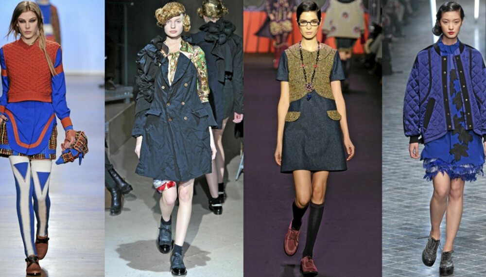 MIKS: Flere designere blandet feminien antrekk med maskuline sko. Her fra catwalken til henholdsvis Rag Bone, Comme des Garcons, Anna Sui og Sonia Rykiel. MIKS: Flere designere blandet feminien antrekk med maskuline sko. Her fra catwalken til henholdsvis Rag Bone, Comme des Garcons, Anna Sui og Sonia Rykiel.