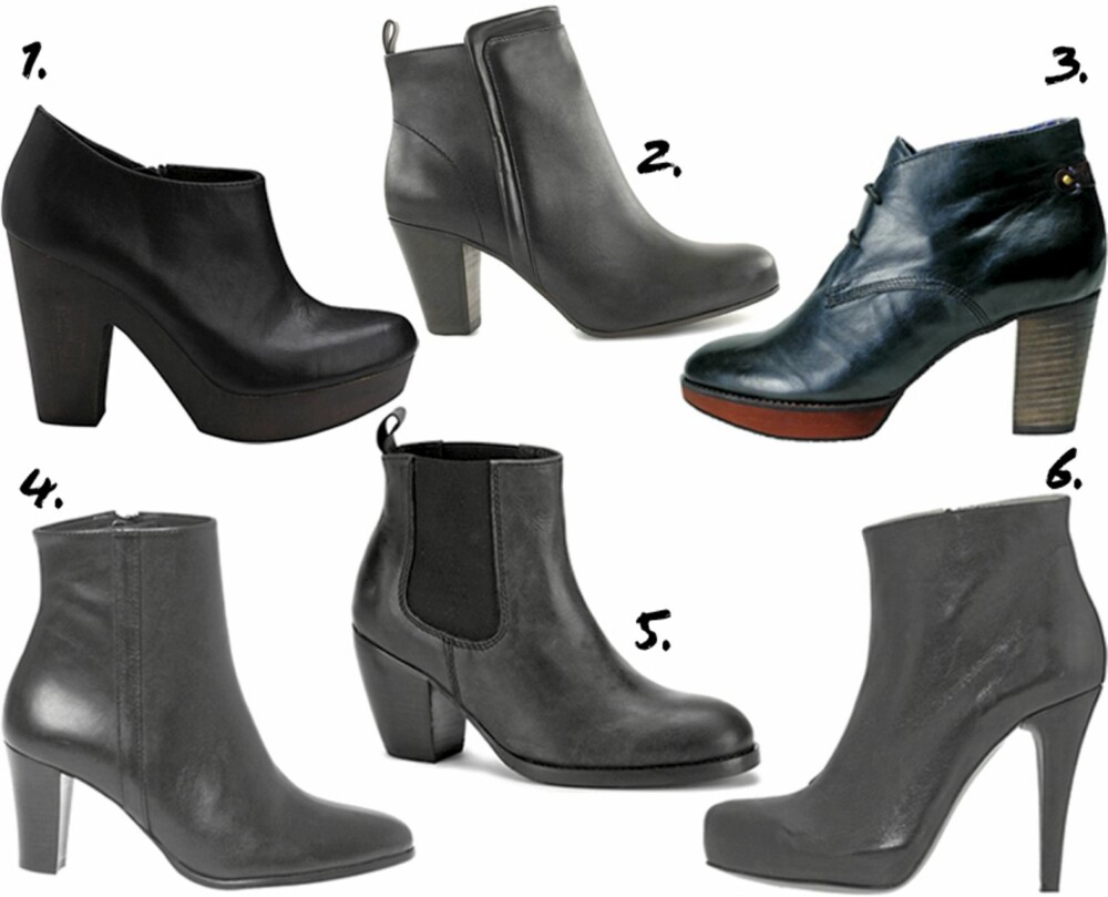 ANKELBOOTS: 1. Bianco (kr 800) 2. Filippa K/Nelly.com (kr 2495) 3. Mexx (kr 1399) 4. Rizzo (kr 1595) 5. DNA (kr 1199) 6. Apair (kr 2800) ANKELBOOTS: 1. Bianco (kr 800) 2. Filippa K/Nelly.com (kr 2495) 3. Mexx (kr 1399) 4. Rizzo (kr 1595) 5. DNA (kr 1199) 6. Apair (kr 2800)
