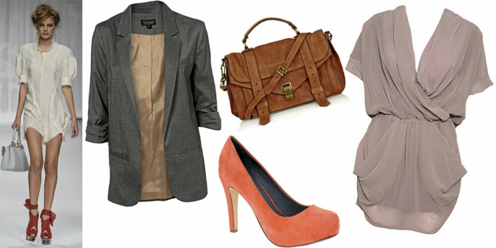 FRA VENSTRE: Blazer fra Topshop (kr 575), veske fra Proenza Schouler (kr 9993), sko fra Asos (kr 335) og kjole fra Object (kr 399). FRA VENSTRE: Blazer fra Topshop (kr 575), veske fra Proenza Schouler (kr 9993), sko fra Asos (kr 335) og kjole fra Object (kr 399).