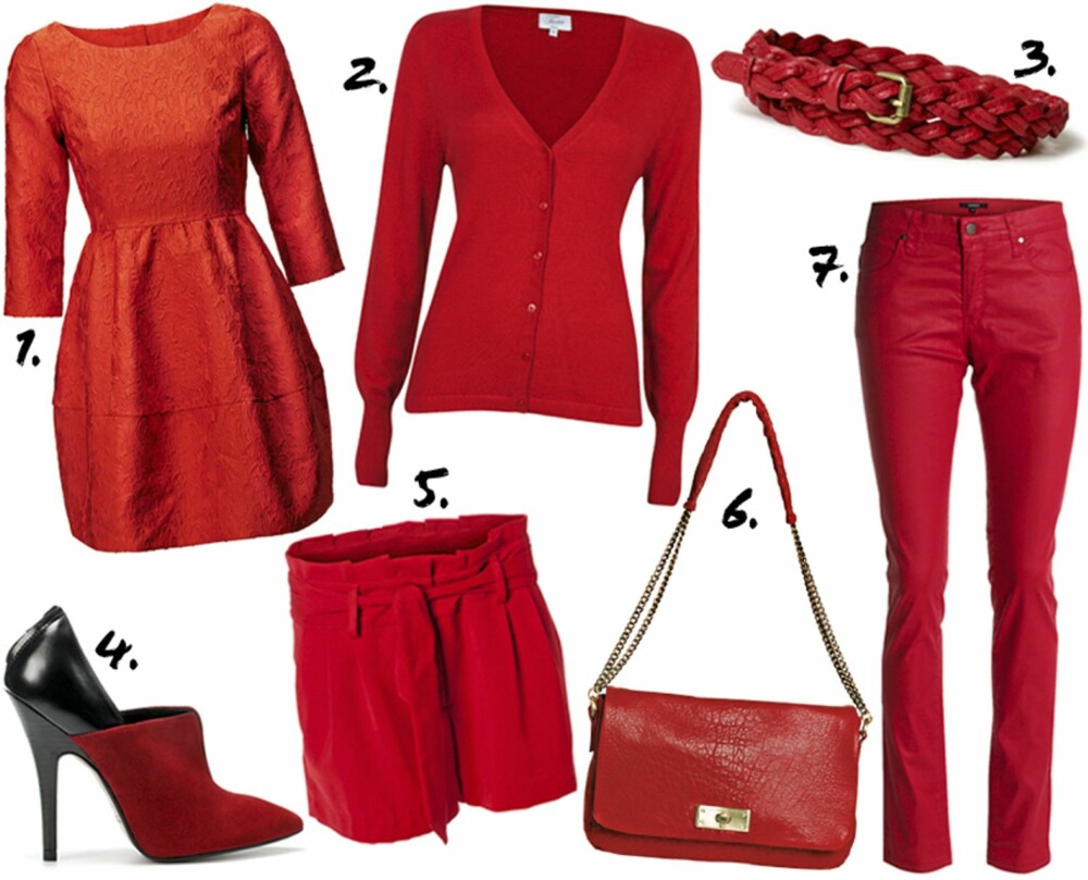 FLAMMENDE RØDT: <b>1.</b> Kjole fra H&M (kr 399) <b>2.</b> Kardigan fra Vivikes (kr 299) <b>3.</b> Belte fra MQ (kr 149) <b>4.</b> Sko fra Zara (kr 759) <b>5.</b> Shorts fra Vero Moda (kr 230) <b>6.</b> Veske fra by Malene Birger (kr 2699) <b>7.</b> Bukser fra Lindex (kr 299) FLAMMENDE RØDT: <b>1.</b> Kjole fra H&M (kr 399) <b>2.</b> Kardigan fra Vivikes (kr 299) <b>3.</b> Belte fra MQ (kr 149) <b>4.</b> Sko fra Zara (kr 759) <b>5.</b> Shorts fra Vero Moda (kr 230) <b>6.</b> Veske fra by Malene Birger (kr 2699) <b>7.</b> Bukser fra Lindex (kr 299)