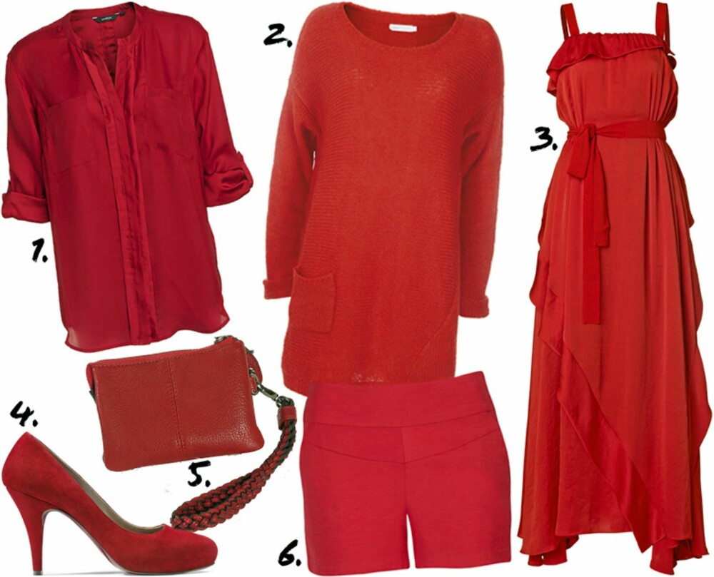 EN RØD TRÅD: <b>1.</b> Bluse fra Lindex (kr 199) <b>2.</b> Kjole fra Only (kr 299) <b>3.</b> Kjole fra by Malene Birger (kr 3499) <b>4.</b> Pumps fra Geox (kr 1150) <b>5.</b> Liten veske fra Lycke/Bagorama (kr 249) <b>6.</b> Shorts fra Cubus (kr 299) EN RØD TRÅD: <b>1.</b> Bluse fra Lindex (kr 199) <b>2.</b> Kjole fra Only (kr 299) <b>3.</b> Kjole fra by Malene Birger (kr 3499) <b>4.</b> Pumps fra Geox (kr 1150) <b>5.</b> Liten veske fra Lycke/Bagorama (kr 249) <b>6.</b> Shorts fra Cubus (kr 299)