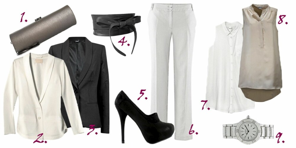 HOT MED SMOKING: 1. Clutch fra Accessorize/Nelly.com (kr 229) 2. Blazer fra H&M (kr 399) 3. Blazer fra Cubus (kr 399) 4. Belte fra Asos.com (kr 199) 5. Sko fra Lundeberg/Nelly.com (kr 449) 6. Dressbukser fra H&M (kr 199) 7. Bluse uten ermer fra Monki (kr 250) 8. Bluse uten ermer fra Gina Tricot (kr 199) 9. Klokke fra Lipsy/Asos.com (kr 400) HOT MED SMOKING: 1. Clutch fra Accessorize/Nelly.com (kr 229) 2. Blazer fra H&M (kr 399) 3. Blazer fra Cubus (kr 399) 4. Belte fra Asos.com (kr 199) 5. Sko fra Lundeberg/Nelly.com (kr 449) 6. Dressbukser fra H&M (kr 199) 7. Bluse uten ermer fra Monki (kr 250) 8. Bluse uten ermer fra Gina Tricot (kr 199) 9. Klokke fra Lipsy/Asos.com (kr 400)