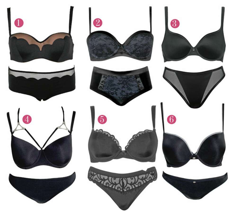 TODELT UNDERTØY: 1. Undertøyssett fra Huit, 938 for hele settet hos Nelly.com. 2. Svart og dypblå med blonder fra Luxurius Essence-serien til Triumph. Push-up bh og hipstertruse, kr 768 for settet 3. Dette er fra Shape Sensations-serien til Triumph. Bhen er paddet og med spiler, og gir fin push-up-effekt. Kr 399. Trusen koster kr 149. 4. Marlies Dekkers har fått mye oppmerksomhet for sitt supersexy undertøy. Dette settet fås på Nelly.com til kr 1444. 5.Sexy blonder på paddet spilebh fra Elegant Essence-serien til Triumph. Kr 768 for hele settet. 6. Calvin Klein-settet med push-up-effekt i bhen og liten truse, fås til kr 698 for hele settet på blant annet Nelly.com. TODELT UNDERTØY: 1. Undertøyssett fra Huit, 938 for hele settet hos Nelly.com. 2. Svart og dypblå med blonder fra Luxurius Essence-serien til Triumph. Push-up bh og hipstertruse, kr 768 for settet 3. Dette er fra Shape Sensations-serien til Triumph. Bhen er paddet og med spiler, og gir fin push-up-effekt. Kr 399. Trusen koster kr 149. 4. Marlies Dekkers har fått mye oppmerksomhet for sitt supersexy undertøy. Dette settet fås på Nelly.com til kr 1444. 5.Sexy blonder på paddet spilebh fra Elegant Essence-serien til Triumph. Kr 768 for hele settet. 6. Calvin Klein-settet med push-up-effekt i bhen og liten truse, fås til kr 698 for hele settet på blant annet Nelly.com.