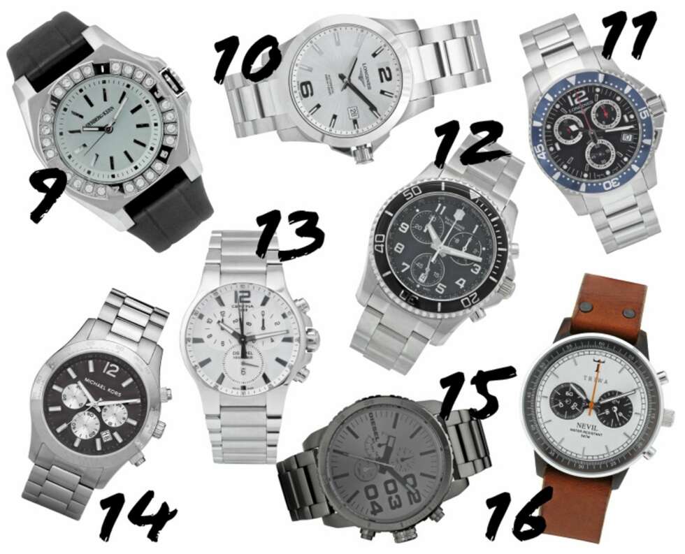 TIKK TAKK: 9. Dyrberg/Kern (kr 1099) 10. Longines (kr 7890) 11. Longines (kr 9390) 12. Victorinox (kr 8390) 13. Certina (kr 5490) 14. Michael Kors (kr 8190) 15. Diesel (kr 2195) 16. Triwa (kr 1795) TIKK TAKK: 9. Dyrberg/Kern (kr 1099) 10. Longines (kr 7890) 11. Longines (kr 9390) 12. Victorinox (kr 8390) 13. Certina (kr 5490) 14. Michael Kors (kr 8190) 15. Diesel (kr 2195) 16. Triwa (kr 1795)