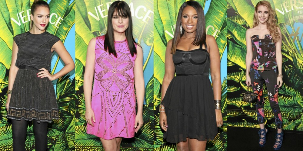 KJENDISFAVORITTER: Hollywoodstjernene flokket seg til Versace-visningen i New York, og var selvføgelig kledd i plagg fra kolleksjonen. Fra venstre ser vi Jessica Alba, Selma Blair, Jennifer Hudson og Emma Roberts. KJENDISFAVORITTER: Hollywoodstjernene flokket seg til Versace-visningen i New York, og var selvføgelig kledd i plagg fra kolleksjonen. Fra venstre ser vi Jessica Alba, Selma Blair, Jennifer Hudson og Emma Roberts.