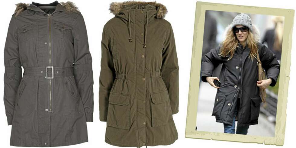 PARKASER FRA VENSTRE: Object (kr 1099), M by M/nelly.com (kr 1295), Sarah Jessica Parker holder seg varm i parkas. PARKASER FRA VENSTRE: Object (kr 1099), M by M/nelly.com (kr 1295), Sarah Jessica Parker holder seg varm i parkas.