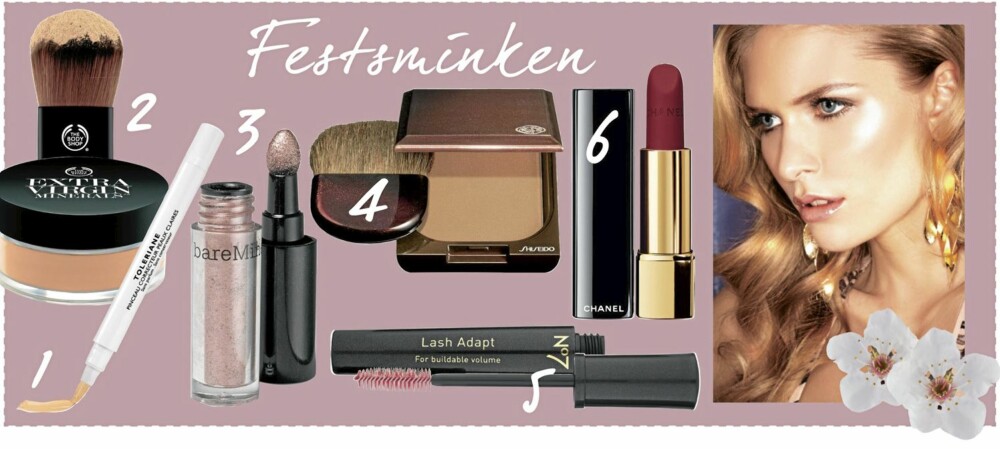 SMINKE: 1. Bruk en concealer under øyet og gjerne på røde partier rundt nesevingene. Kan legges på både før og etter foundation. Toleriane concealer fra LaRoche, kr 159,- 2. Mineralpudder gir et naturlig og jevnt uttrykk . Extra virgin minerals fra The Body Shop, kr 319,- Liten, rund kost til påføring, kr 219,- 3. Legg en metallisk øyeskygge over hele lokket. Dytt den på i stedet for å stryke, da vil fargen bli mer intens. Øyeskygge fra Bare Minerals, high shine moonshine, kr 169,- 4.Løft kinnbeina og gi huden glød med bronsepudder fra Shiseido, kr 395,- 5. Maskaraen No7 fra Boots, kr 125,- gir deg det forførende blikket. 6. Prikken over i-en er leppestiften. Velg en som matcher antrekket. Leppestift fra Chanel, Rouge Allure Velvet, kr 315,- SMINKE: 1. Bruk en concealer under øyet og gjerne på røde partier rundt nesevingene. Kan legges på både før og etter foundation. Toleriane concealer fra LaRoche, kr 159,- 2. Mineralpudder gir et naturlig og jevnt uttrykk . Extra virgin minerals fra The Body Shop, kr 319,- Liten, rund kost til påføring, kr 219,- 3. Legg en metallisk øyeskygge over hele lokket. Dytt den på i stedet for å stryke, da vil fargen bli mer intens. Øyeskygge fra Bare Minerals, high shine moonshine, kr 169,- 4.Løft kinnbeina og gi huden glød med bronsepudder fra Shiseido, kr 395,- 5. Maskaraen No7 fra Boots, kr 125,- gir deg det forførende blikket. 6. Prikken over i-en er leppestiften. Velg en som matcher antrekket. Leppestift fra Chanel, Rouge Allure Velvet, kr 315,-