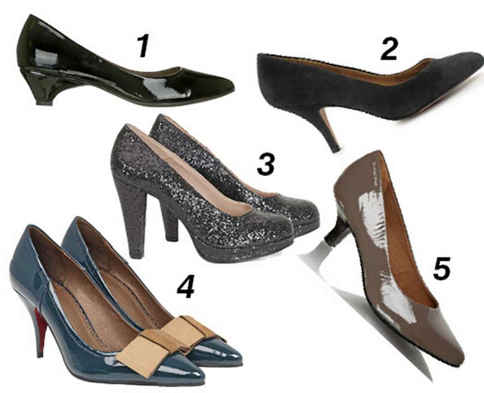 PUMPS: 1: Lakk fra Din Sko, kr 249. 2: Sort og sikker fra Mango, kr 799. 3: Glitrende moro fra Ganni, kr 1399. 4: Sløyfefin fra Edith & Ella, kr 1249. 5: Lakk og lav hæl fra Vagabond, kr 699. PUMPS: 1: Lakk fra Din Sko, kr 249. 2: Sort og sikker fra Mango, kr 799. 3: Glitrende moro fra Ganni, kr 1399. 4: Sløyfefin fra Edith & Ella, kr 1249. 5: Lakk og lav hæl fra Vagabond, kr 699.