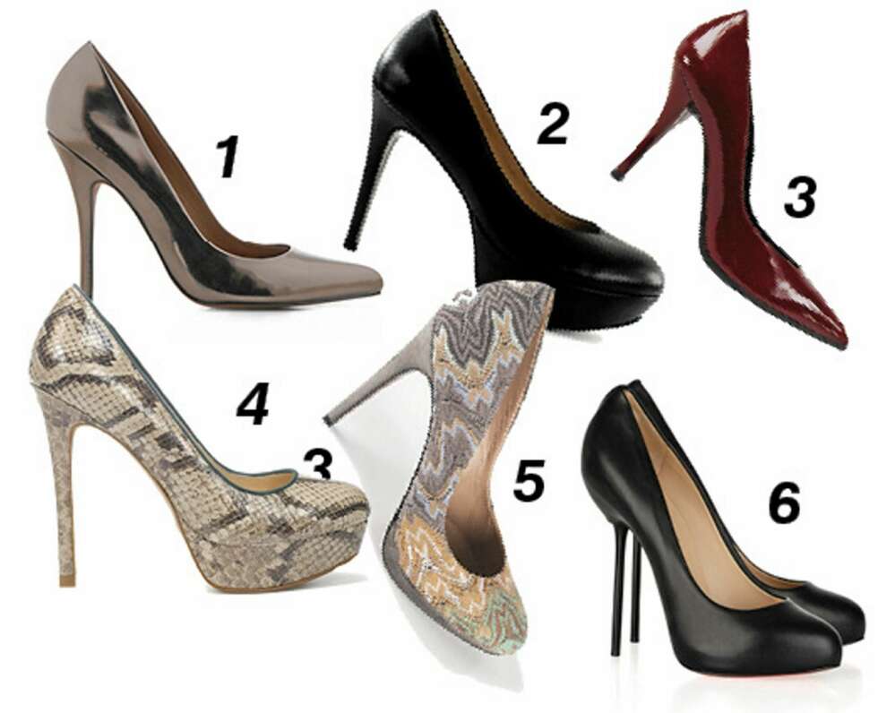STILETTER: 1: Metallisk lakk fra Aldo, kr 899. 2: Svart skinn fra By Marlene Birger, kr 2895. Rødt og sexy fra Apair, kr 2199. Slangeskinn fra Zara, kr 799. Mønsterrik fra Missoni / Brandos. no, kr 3349. Klassisk og knallfin fra Christian Louboutin / Net-a-porter.com, kr 4550. STILETTER: 1: Metallisk lakk fra Aldo, kr 899. 2: Svart skinn fra By Marlene Birger, kr 2895. Rødt og sexy fra Apair, kr 2199. Slangeskinn fra Zara, kr 799. Mønsterrik fra Missoni / Brandos. no, kr 3349. Klassisk og knallfin fra Christian Louboutin / Net-a-porter.com, kr 4550.