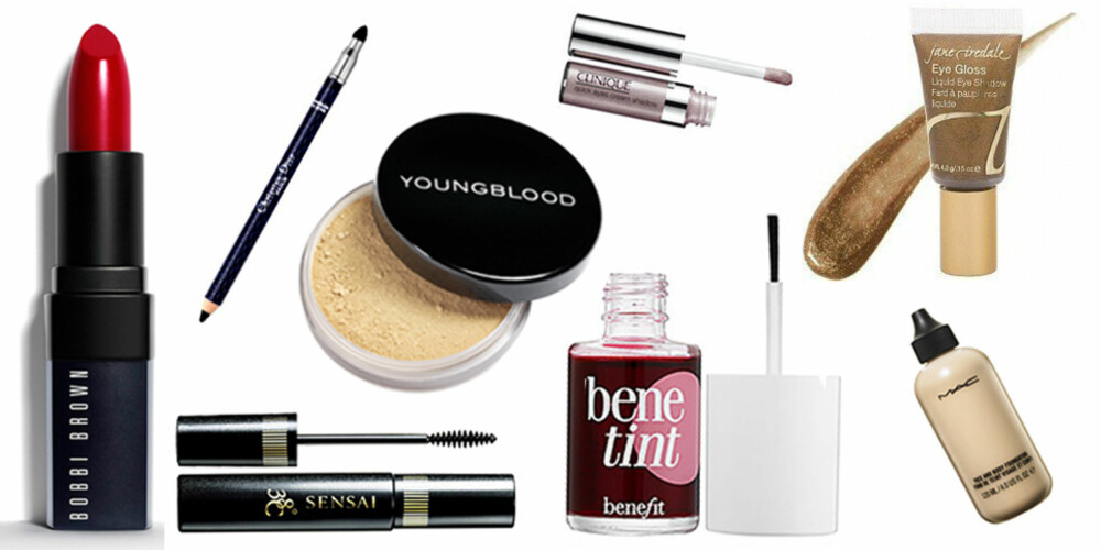 SITTER GODT: Leppestift fra Bobbi Brown, kr 210, Dior waterproof eyeliner, kr 195, Youngblood mineralfoundation, kr 495, Kanebo Sensai 38 degrees mascara, kr 240, Clinique kremøyenskygge kalt cream eye shadow, kr 165, Benetint Benefit flytende tint for lepper og kinn, ca kr 150 på nettet, Jane Iredale Eye Gloss, kr 185, Mac Face & Body Foundation, kr 300. SITTER GODT: Leppestift fra Bobbi Brown, kr 210, Dior waterproof eyeliner, kr 195, Youngblood mineralfoundation, kr 495, Kanebo Sensai 38 degrees mascara, kr 240, Clinique kremøyenskygge kalt cream eye shadow, kr 165, Benetint Benefit flytende tint for lepper og kinn, ca kr 150 på nettet, Jane Iredale Eye Gloss, kr 185, Mac Face & Body Foundation, kr 300.